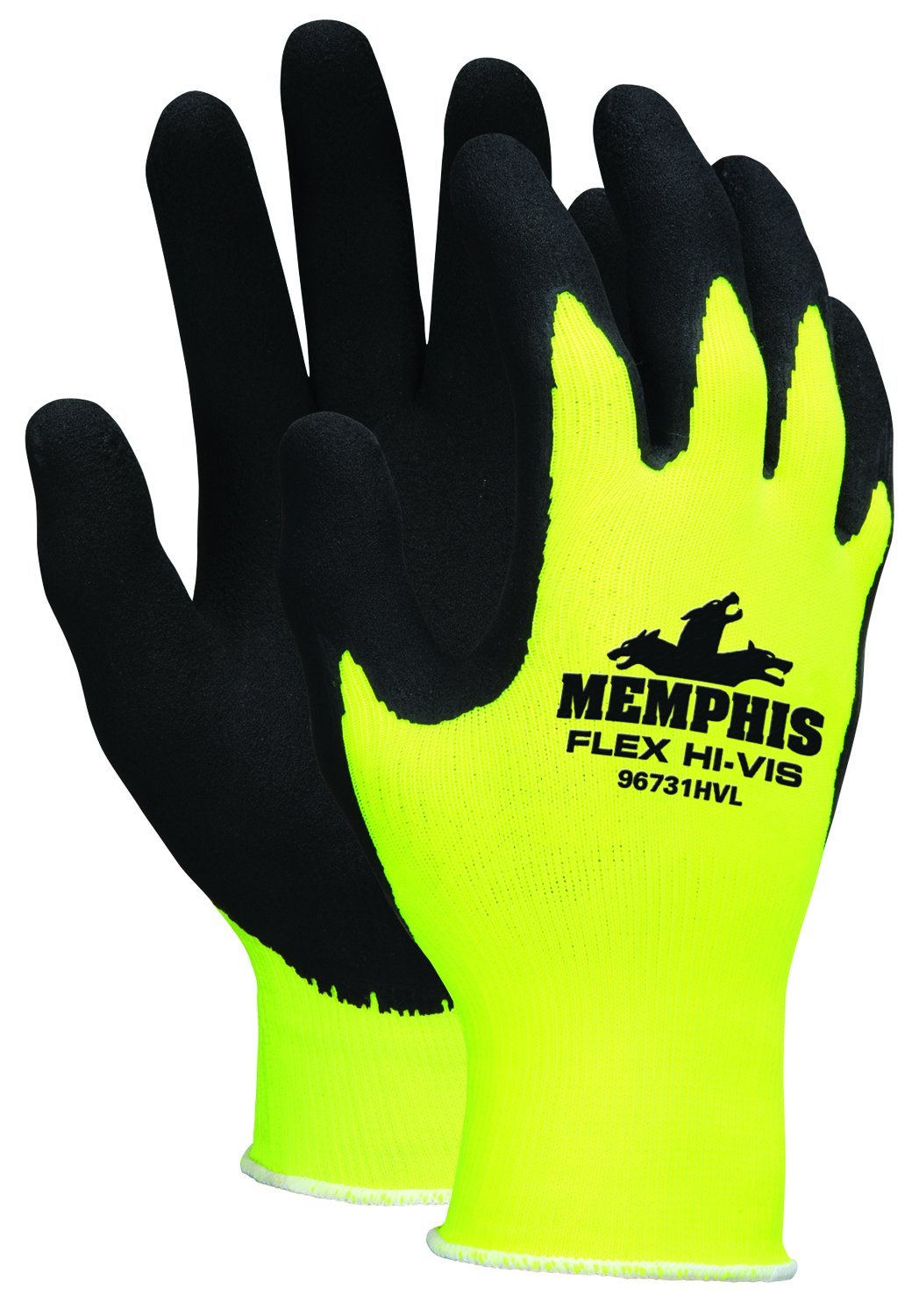 MCR Safety 96731HVXL Flex Highly Visible Seamless Nylon Knitted Memphis Gloves with Black Foam Latex Dipped Palm and Finger, XL