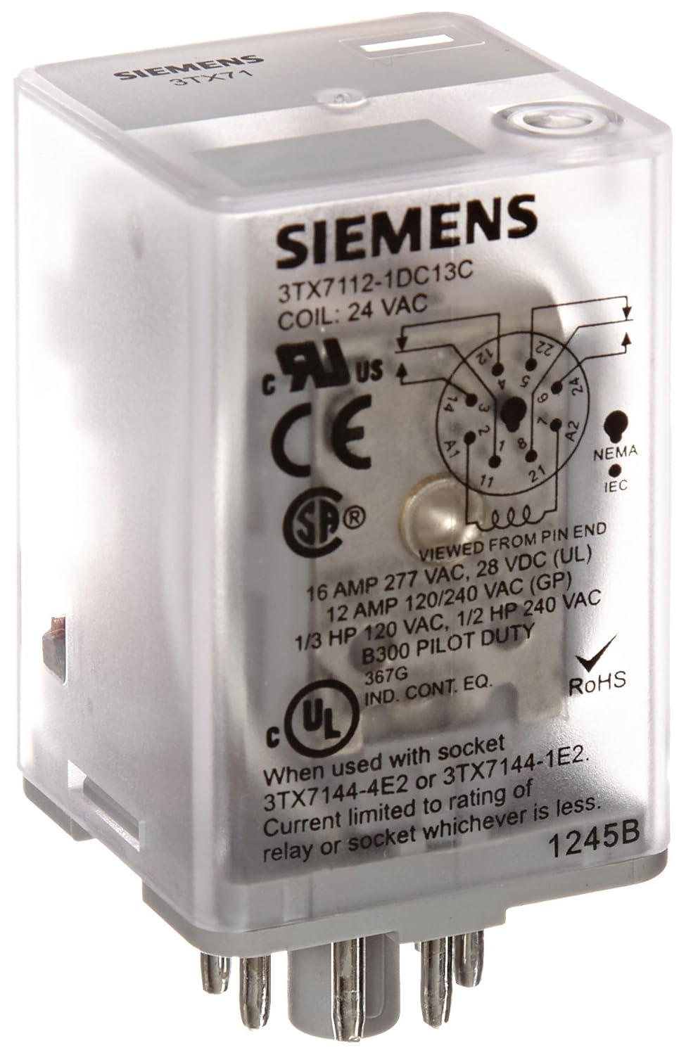 SIEMENS 3TX7112-1DC13C Basic Plug In Relay Standard Octal Base Mechanical Flag DPDT Contacts 16A Contact Rating 24VAC Coil Voltage