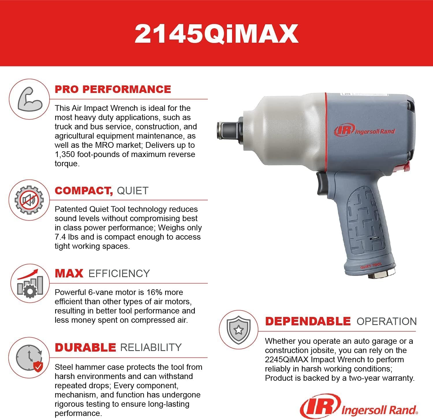 Ingersoll Rand 2145QIMAX 3/4 Drive Air Impact Wrench - Quiet Technology 1350 ft-lbs Reverse Torque Output 7 Vane Motor Steel Hammer Case Gray