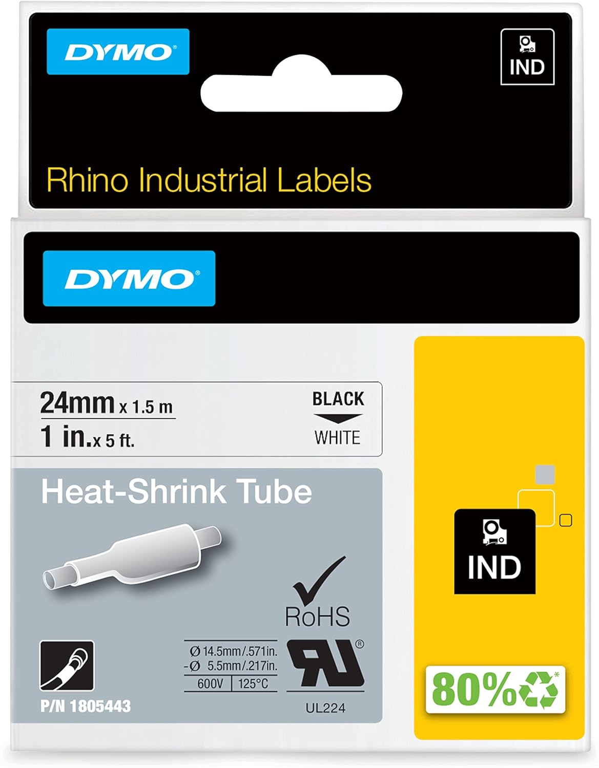 DYMO 1805443 Heat Shrink Tube 1 24MM Black on White