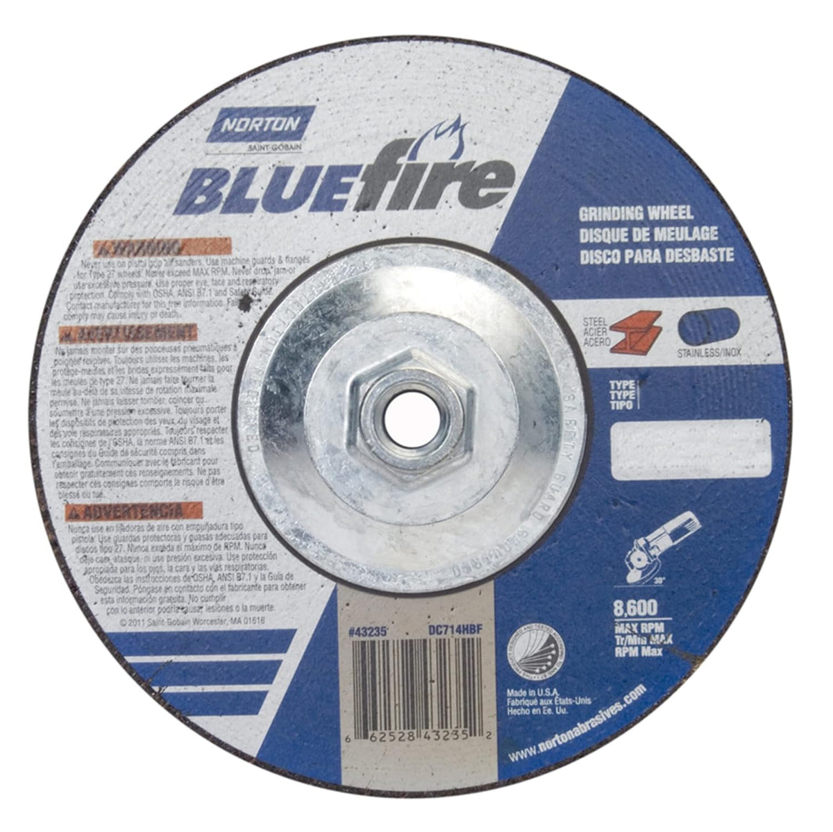 Norton 66252843235 BlueFire Plus Depressed Center Abrasive Wheel 7x1/4x5/8-11 Grinder Wheel