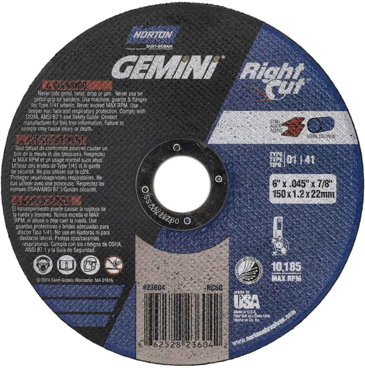 Norton 66252823604 Type 01 Flat Cut-Off Wheels 6 Inches x .045 Inches x 7/8 Inches Gemini Rightcut [Set of 25]