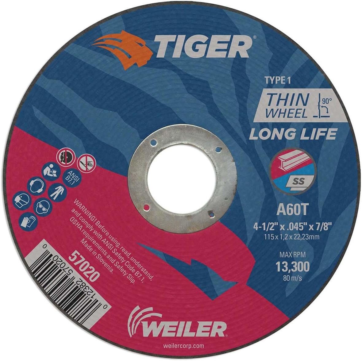 Weiler 57020 Tiger AO Cutting Wheel 4-1/2 in 0.045 in Thick 7/8 in Arbor A60T Type 1