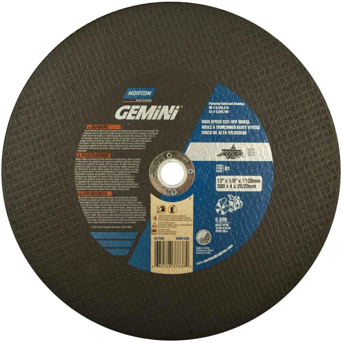 Norton 66252837838 12 Type 1 Aluminum Oxide Abrasive Cut-Off Wheel 0.125-Thick 20mm Arbor