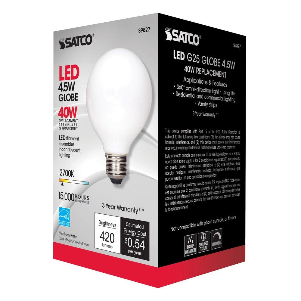 SATCO S9827 4.5W G25 Dimmable LED Light Bulb with Medium Base