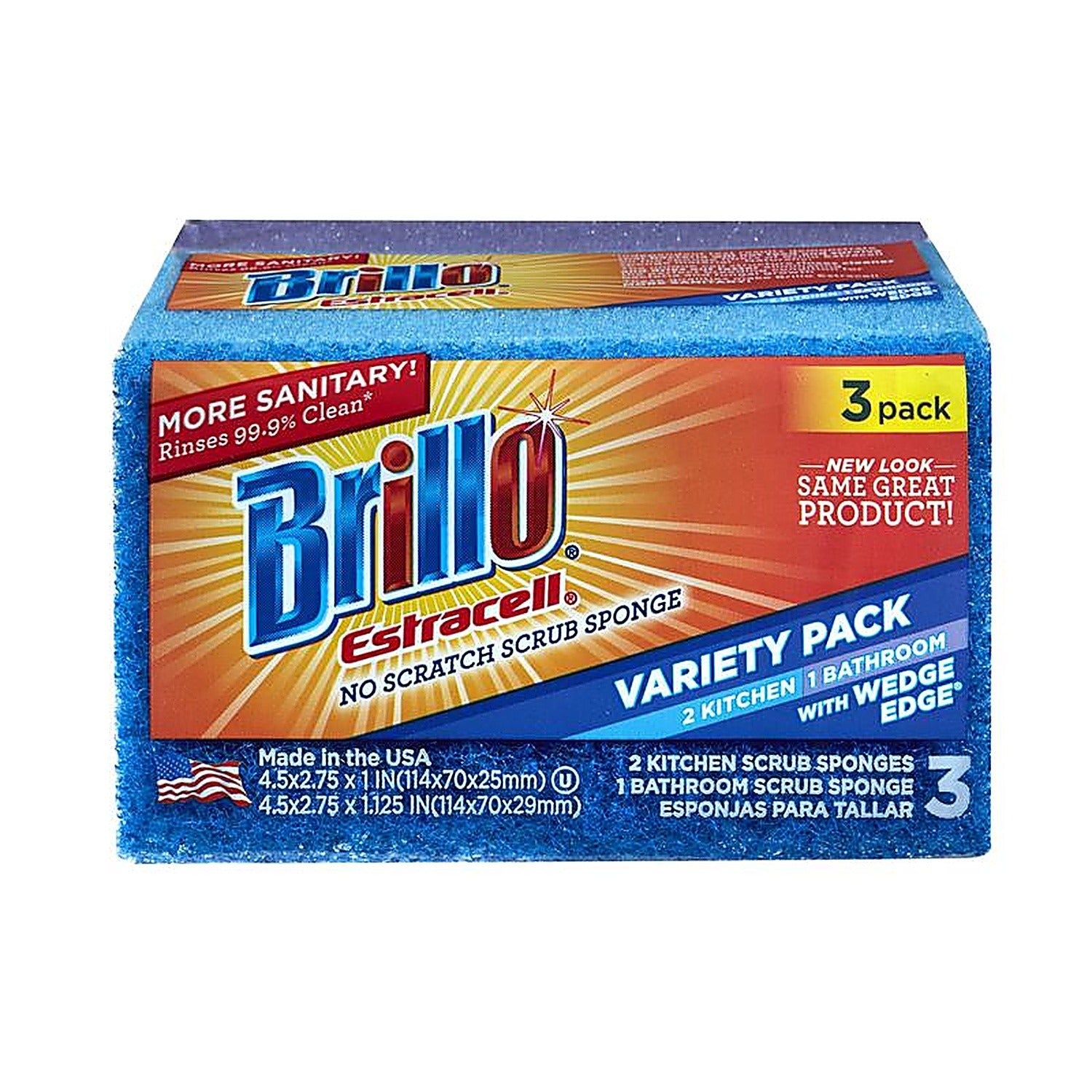 BRILLO Brillo 21035 Estracell Sponges Premium Long Lasting Kitchen and Bathroom Wedge Edge (3 Count Pack)