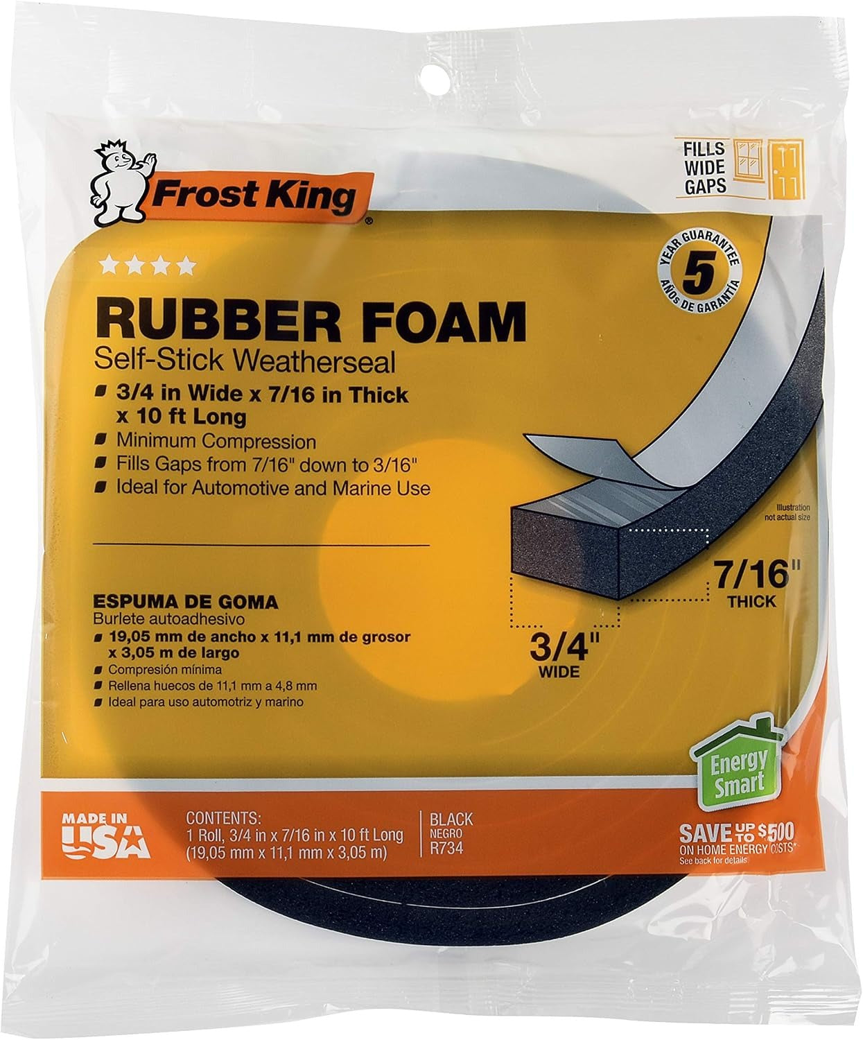 FROST KING Frost King R734H sponge rubber foam tape 3/4 in W x 7/16 in H x 10 ft