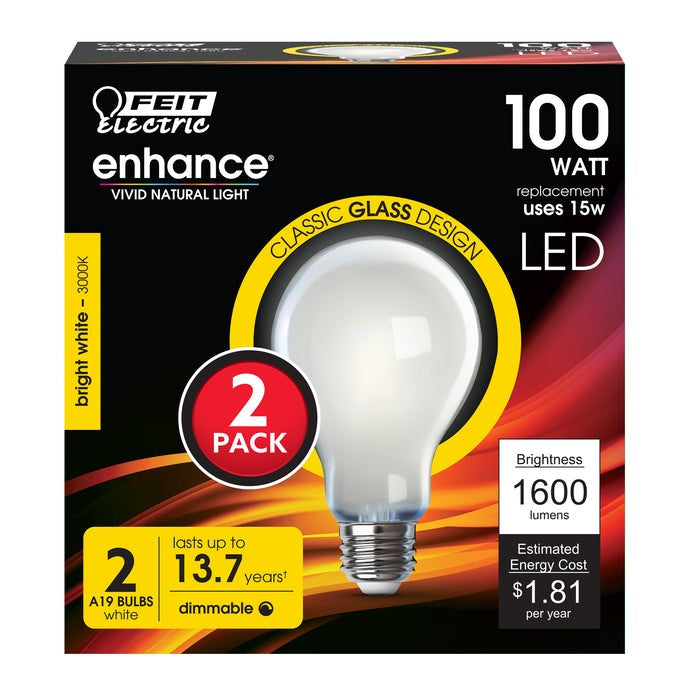 FEIT ELECTRIC Feit Electric A100/930CA/FIL/2 A19 Filament LED Bulb 15W (2-Pack) Replaces 100W