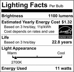 SATCO S29810 11W A19 LED Bulb Medium E-26 Base 2700 Kelvin 220 Degree Dimmable 120V