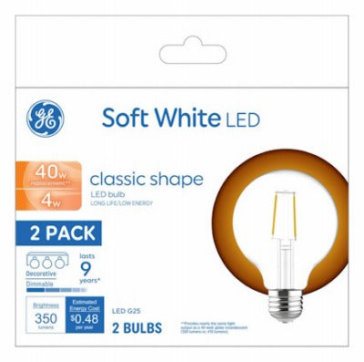 GE G E Lighting 93130355 Led G25 Globe Bulb 4W 2700K 2 Pack