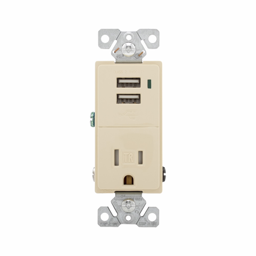 Eaton TR7740V-BOX 15 Amp 125 VAC 2-Pole 3-Wire NEMA 5-15R Ivory Combination USB Charger with Receptacle