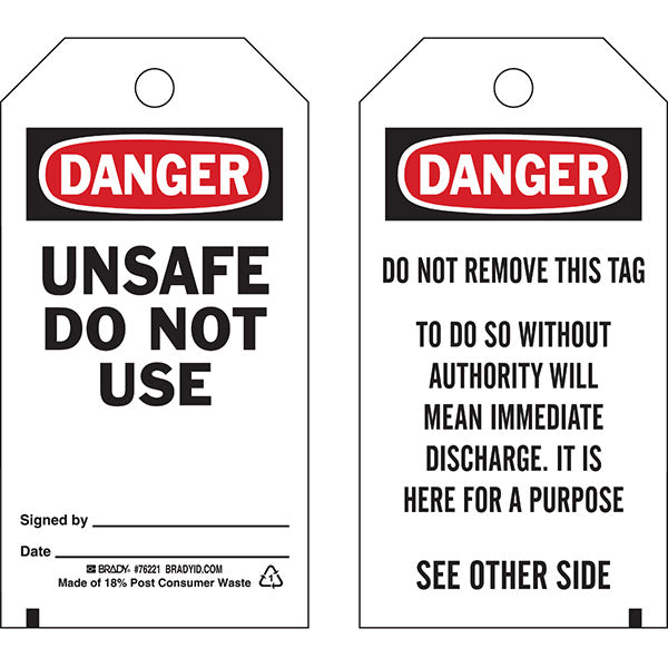 Brady 76221 Lockout Tags Danger: Unsafe Do Not Use Economy Polyester