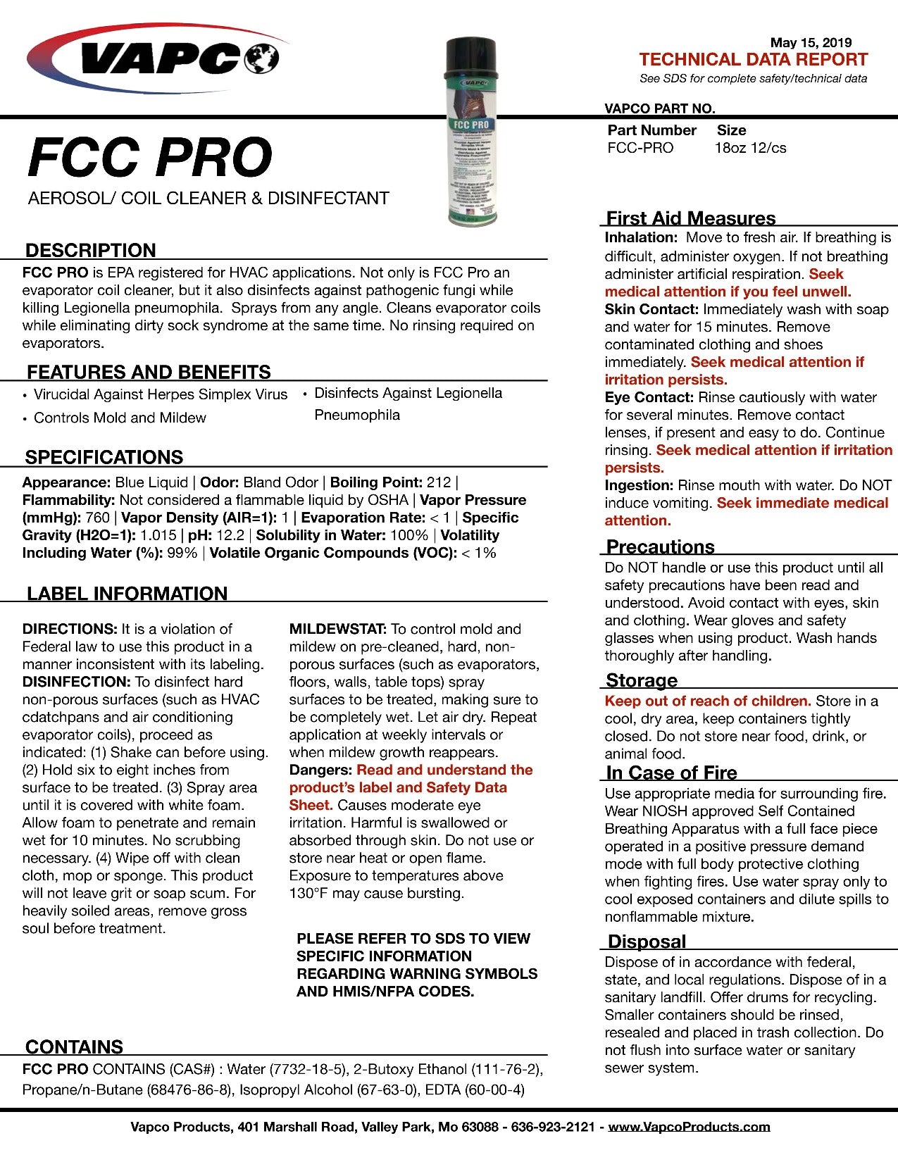 VAPCO Vapco FCC-PRO Foaming Evaporator Coil Cleaner 8 Ounce (Case of 12) 4166-75