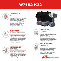 Ingersoll Rand W7152-K22 IQV20 Series Cordless 20V Impact Wrench Tool Kit