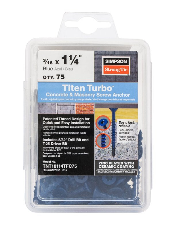 SIMPSON STRONG-TIE Simpson Strong-Tie TNT18114TFC75 Titen Turbo 3/16 x 1-1/4 Flat-Head 75-Pack