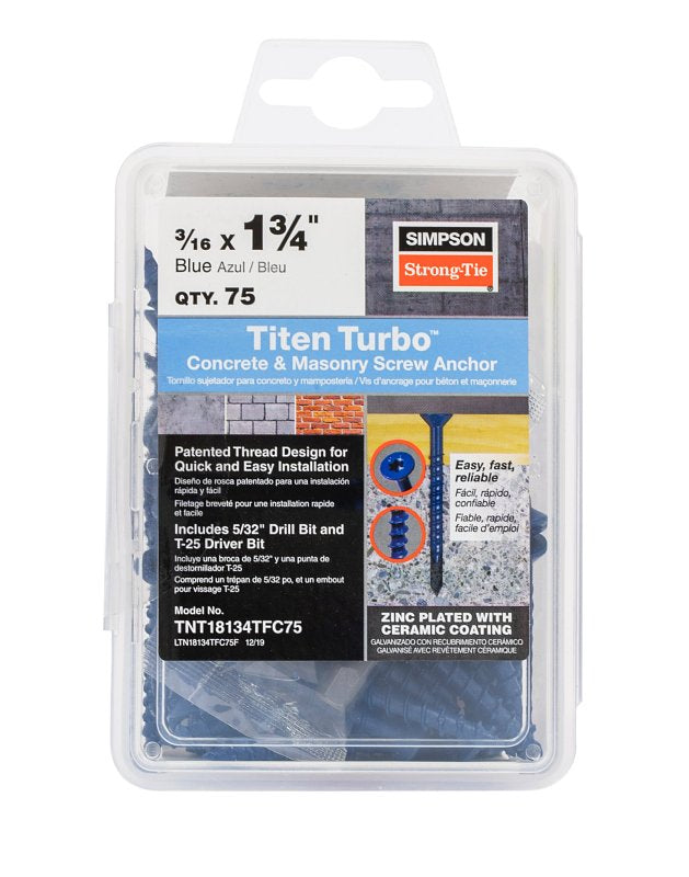SIMPSON STRONG-TIE Simpson Strong-Tie TNT18134TFC75 Titen Turbo Flat Head Concrete Screw (3/16 x 1-3/4 in, 75-Pack)
