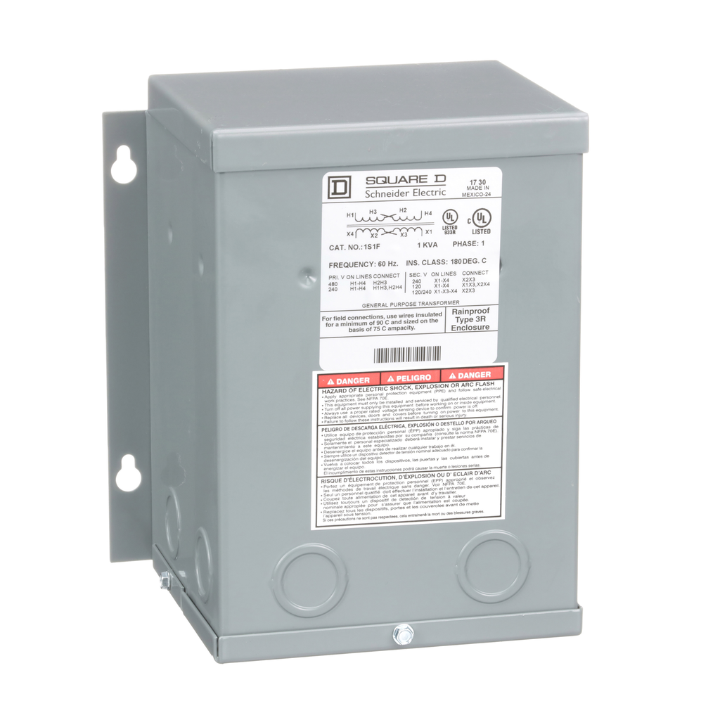 Schneider Electric 1S1F Transformer 1kVA 240x480V to 120/240V Dry Type Wall Mounted