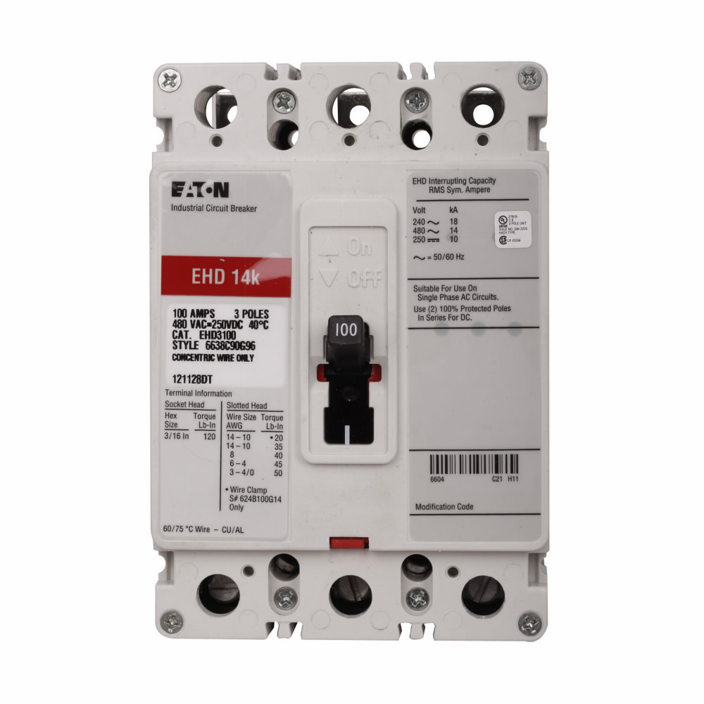 Eaton EHD3045L C Series Type EHD Molded Case Circuit Breaker 480 VAC/250 VDC 45 A 14 kAIC at 480 VAC/18 kAIC at 240 VAC Interrupt 3 Poles