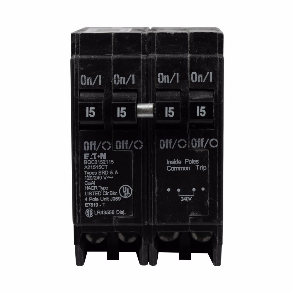 EATON BQC2302115 Quadplex Type BQC Molded Case Circuit Breaker, 120/240 VAC, 15 to 30 A, 10 kA Interrupt, 4 Poles, Common/LI Trip