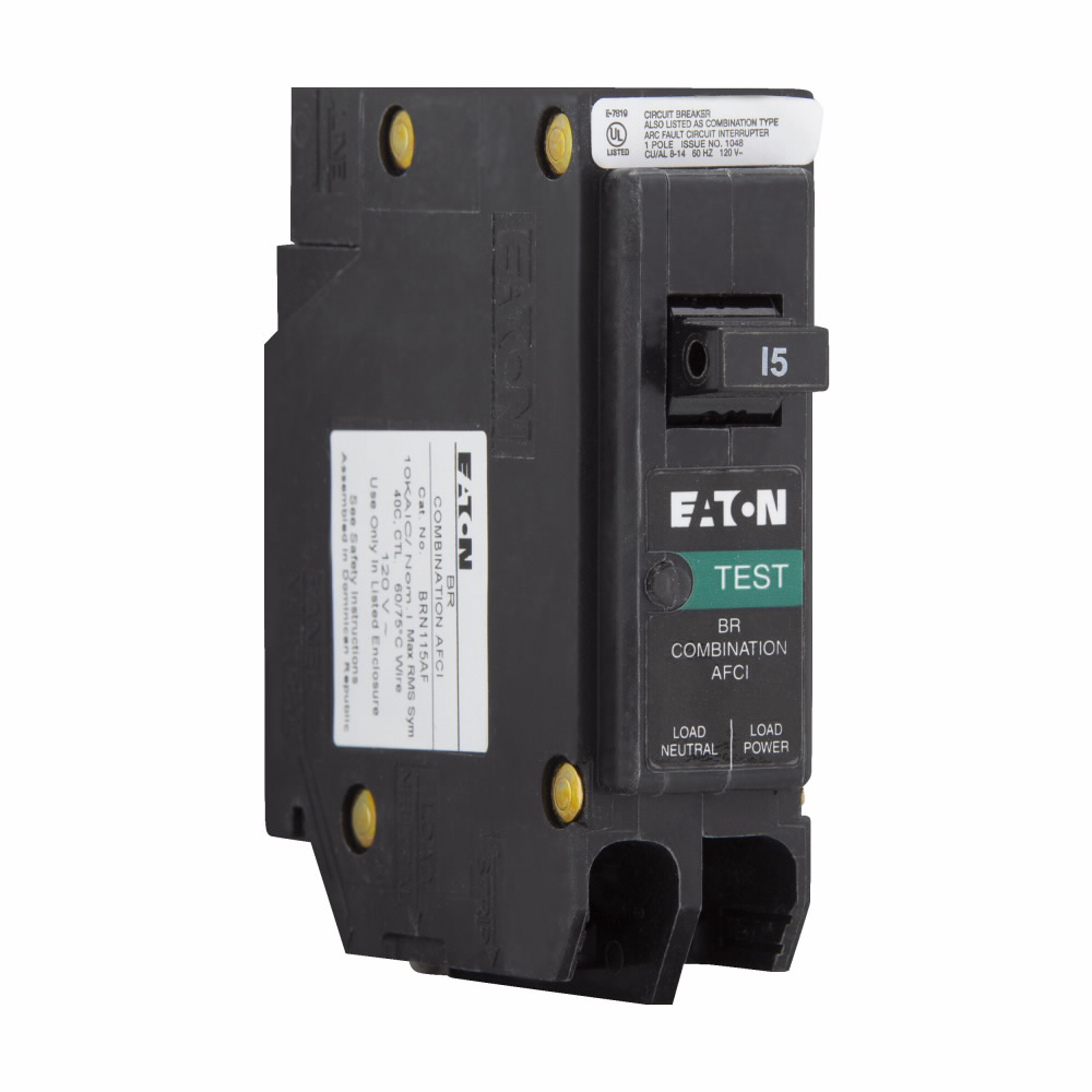 Eaton BRN115AF Type BR Arc Fault Circuit Breaker, Pigtail Neutral, 120 VAC, 15 Amp, 10 kAIC, 1-Pole