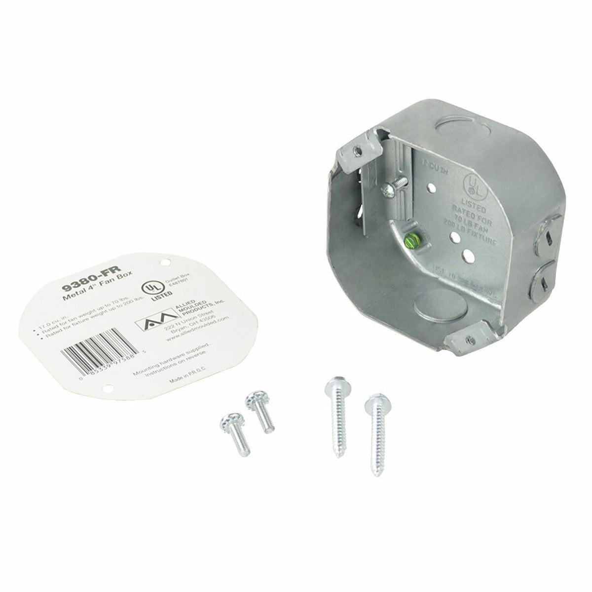 ALLIED MOULDED PRODUCTS Allied Moulded Products 9380-FR 4 in Octagonal Fan Support Box 70 lb (4 in / 17 cu in / Bottom Mount)