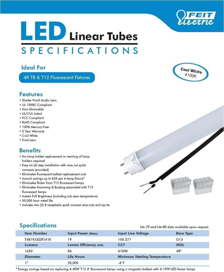 FEIT ELECTRIC Feit Electric T4819/LEDIF/41K Direct Wire Tube 4.8W (1 Pack) 40W Replacement
