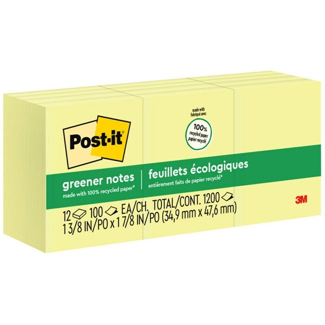 3M 3M MMM653RPYW Post-it Greener Notes 1-1/2 x 2 inches (12 pack)