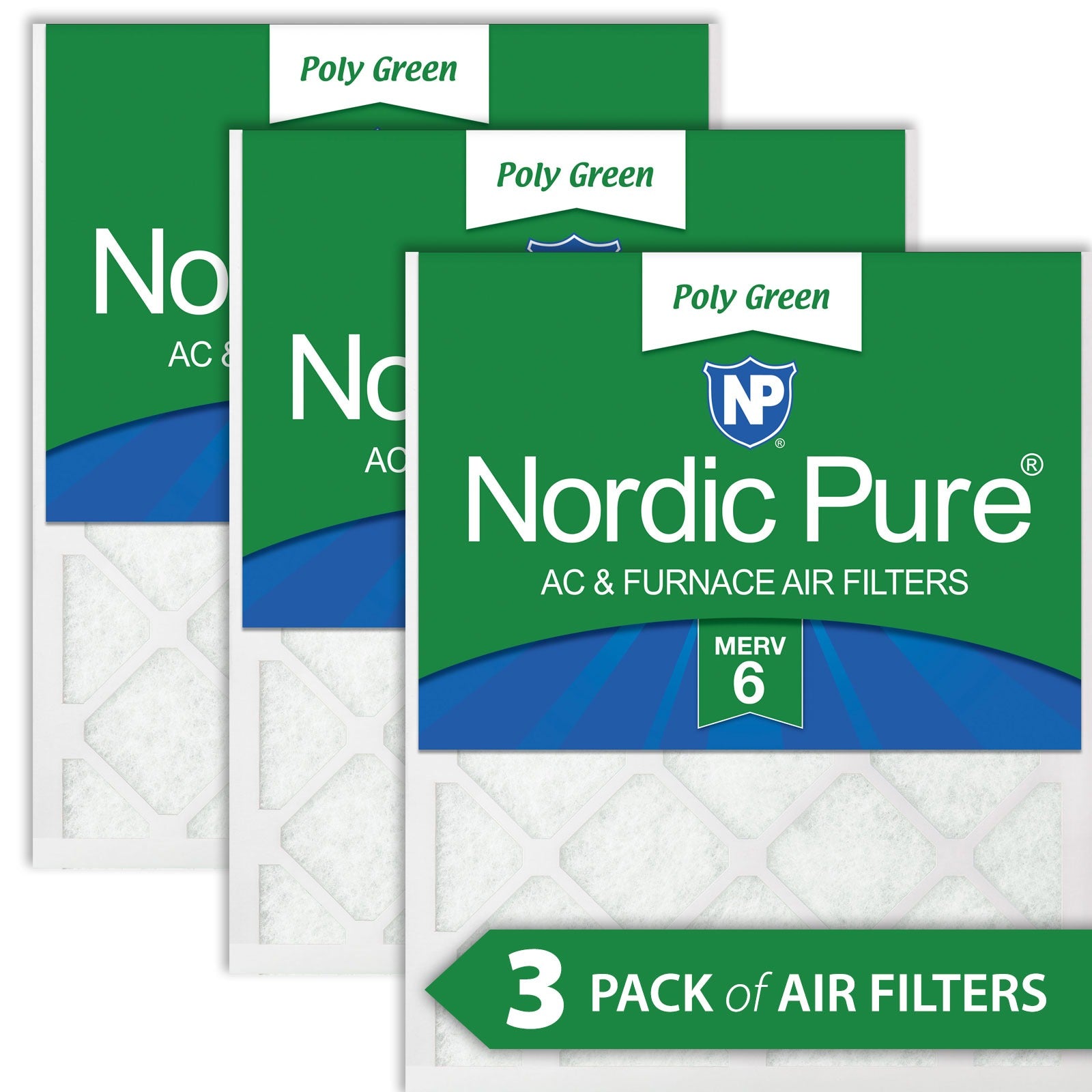 NORDIC PURE Nordic Pure 20x25x1PolyGreen-3 Merv 6 Air Filter 3-pack