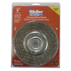 Weiler 36001 Stainless Steel Wheel Brush 6 in 0.014 in Bristle Diameter, 6000 Max RPM Arbor Attachment