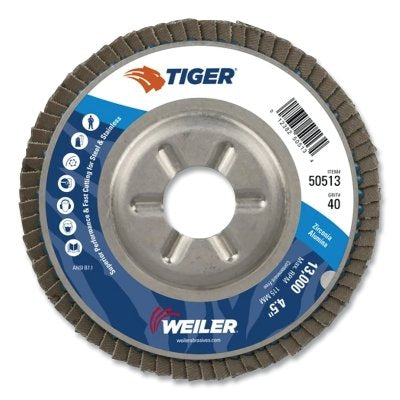 Weiler 50513 Tiger Disc Flap Disc 4 1/2 Inch 40 Grit 7/8 Inch Arbor Aluminum Back