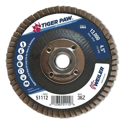 Weiler 51112 Tiger Paw Coated Abrasive Flap Discs 4 1/2 36 Grit 5/8 Arbor Phenolic Back