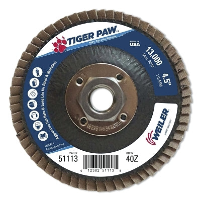 Weiler 51113 Tiger Paw Coated Abrasive Flap Disc 4-1/2 in 40 Grit 5/8 Arbor Phenolic Back