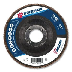 Weiler 51120 Tiger Paw TY29 Coated Abrasive Flap Disc, 4-1/2 in, 60 Grit, 7/8 Arbor, 13,000 RPM