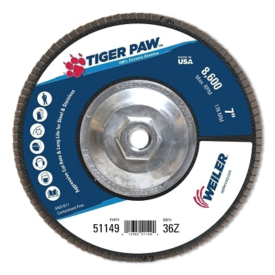 Weiler 51149 Tiger Paw TY29 Coated Abrasive Flap Disc 7 Inch 36 Grit 5/8 Arbor 8600 RPM