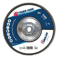 Weiler 51149 Tiger Paw TY29 Coated Abrasive Flap Disc 7 Inch 36 Grit 5/8 Arbor 8600 RPM