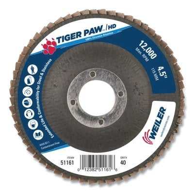 Weiler 51161 Tiger Paw Super High Density Flap Disc 40 Grit (4-1/2 Inches) Replacement MPN