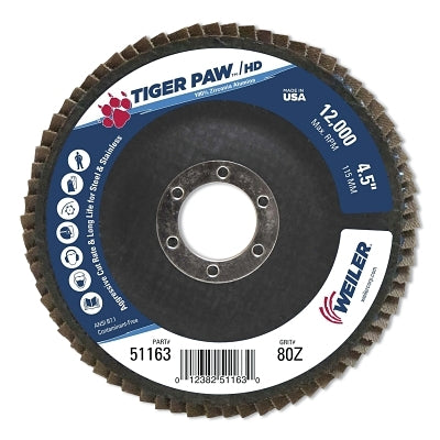 Weiler 51163 Tiger Paw Super High Density Flap Disc 12000 RPM 80 Grit 4-1/2 inch dia 7/8 inch Arbor Flat