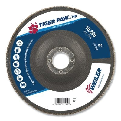 Weiler 51192 Tiger Paw Super High Density Flap Disc 6 in Dia 7/8 in Arbor Type 27