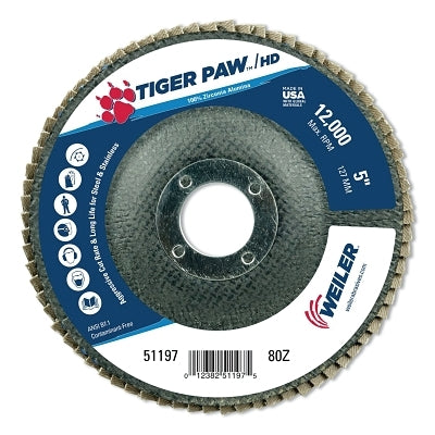 Weiler 51197 Tiger Paw Super High Density Flap Disc 80 Grit 5 Inches 7 8 Inches Arbor 12000 RPM Type 27 Flat