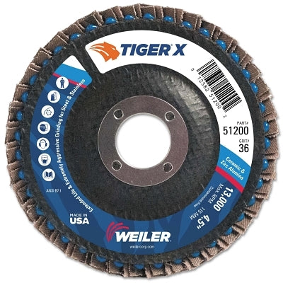 Weiler 51200 Tiger X Flap Disc, 4 1/2 in Angled, 36 Grit, 7/8 in Arbor