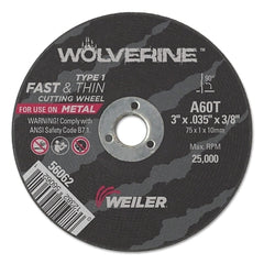 Weiler 56062 Wolverine Flat Type 1 Cutting Wheel 3 in dia 0.035 in Thick 60 Grit Aluminum Oxide