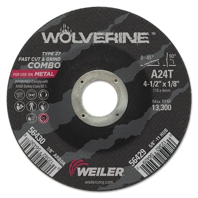 Weiler 56430 Wolverine Combo Wheel 4 1/2 inches Dia 1/8 inches Thick 7/8 inches Arbor 24 Grit R