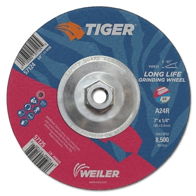 Weiler 57124 Tiger AO Grinding Wheel 7 inch x 1 4 inch Dia 5 8 inch UNC Arbor A24R Type 27