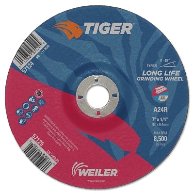 Weiler 57125 Tiger AO Grinding Wheel 7 inch Diameter x 1/4 inch Thick 7/8 inch Arbor A24R Type 27