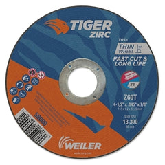 Weiler 58000 Tiger Zirc Cutting Wheel 4-1/2 in diameter 0.045 in Thick 7/8 in Arbor Zirconia Alumina