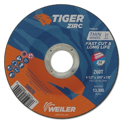 Weiler 58020 Tiger Zirc Cutting Wheel 4-1/2 In Dia 0.045 In Thick 7/8 In Arbor