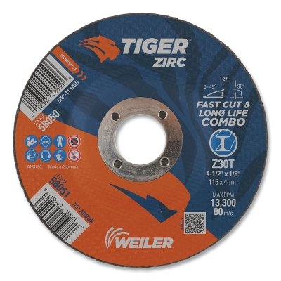 Weiler 58051 Tiger Zirc Type 27 Cut/Grind Combo Wheel 4-1/2 in dia x 1/8 in Thick 7/8 in dia Arbor Z30T