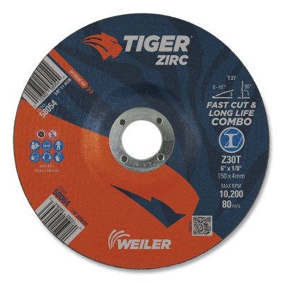 Weiler 58064 Tiger Zirc Type 27 Cut/Grind Combo Wheel 6 inches Dia x 1/8 inches Thick 7/8 inches Dia Arbor Z30T