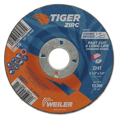 Weiler 58071 Tiger Zirc Grinding Wheel 4-1/2 inches 1/4 inches Thick 7/8 inches Arbor Ceramic Alumina Type 27 Z24T