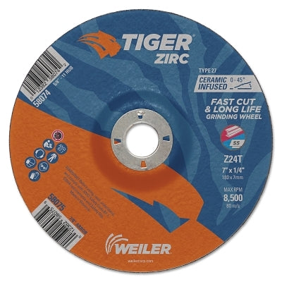 Weiler 58075 Grinding Wheel 7 in dia x 1/4 in Thick x 7/8 in Arbor Type 27